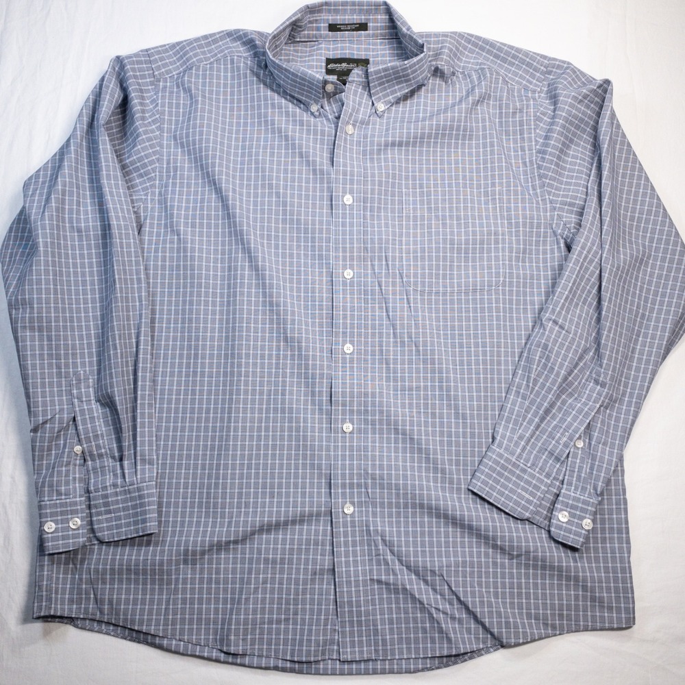 Eddie Bauer Mens XL Blue Plaid Button Down Shirt Wrinkle Resistant Relaxed Fit